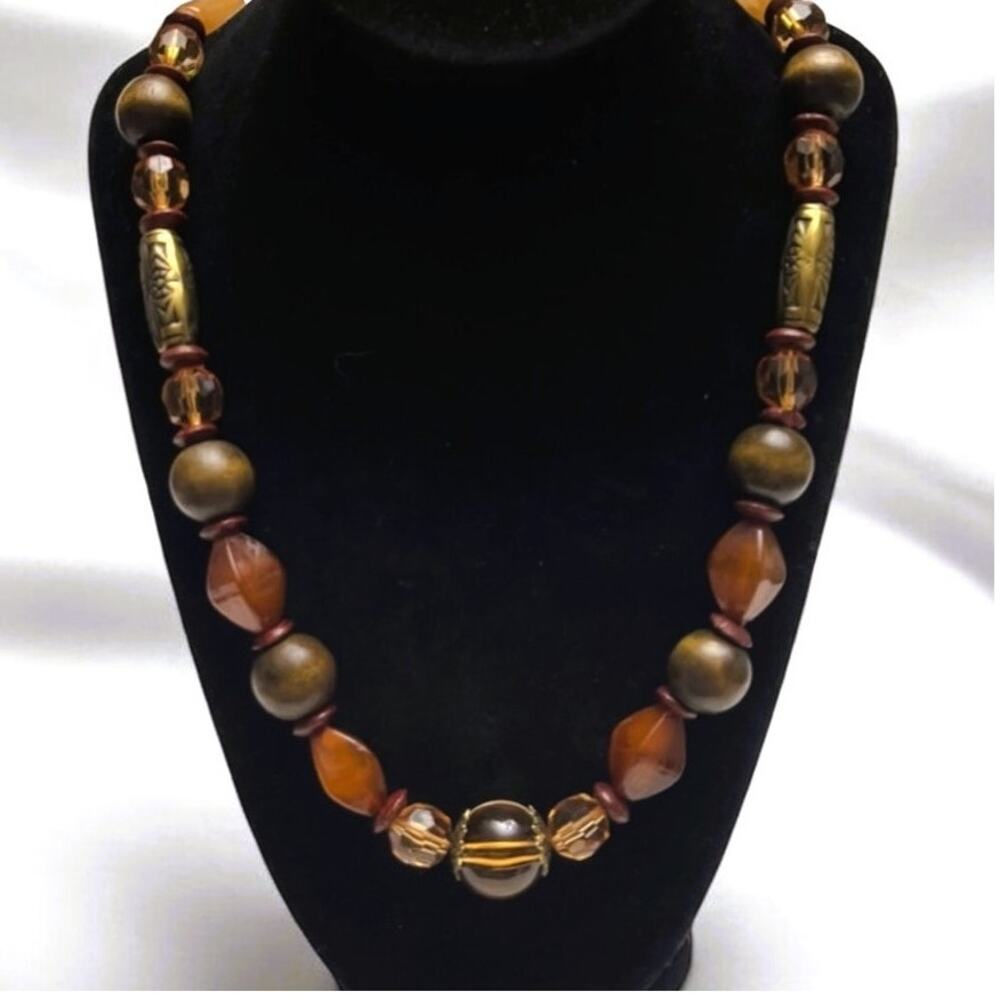 Vintage Lampwork Glass, Wood, & Resin Beaded Honey & Earth Tone Necklace